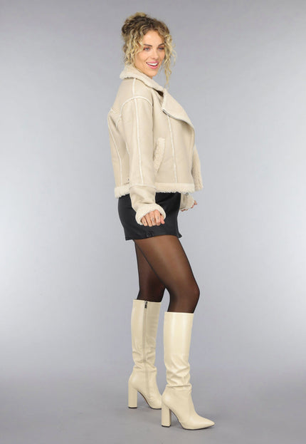 NEW0210 Beige Lederlook Jas met Teddy Voering