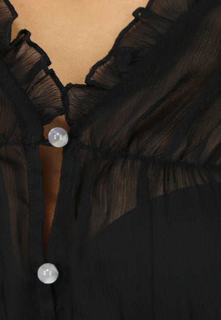 OP=OP.AV.09 Geplooide See Through Zwarte Ruches Blouse