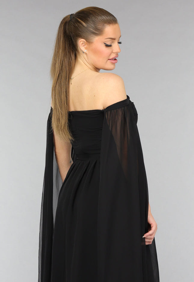 NEW0210 Padded Zwarte Galajurk met Lange Chiffon Mouwen