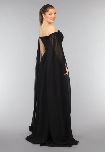 NEW0210 Padded Zwarte Galajurk met Lange Chiffon Mouwen