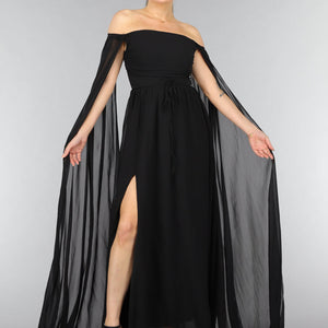 NEW0210 Padded Zwarte Galajurk met Lange Chiffon Mouwen