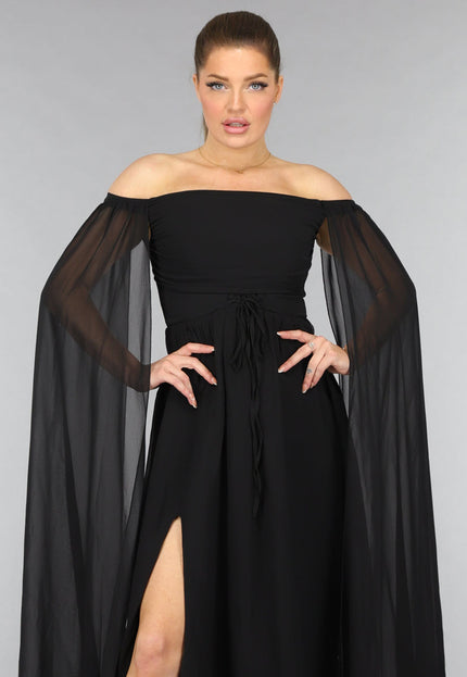 NEW0210 Padded Zwarte Galajurk met Lange Chiffon Mouwen