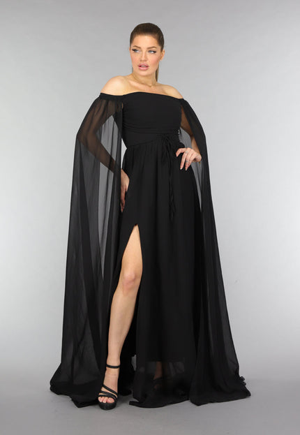 NEW0210 Padded Zwarte Galajurk met Lange Chiffon Mouwen