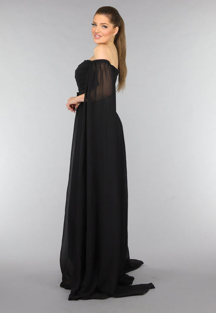 NEW0210 Padded Zwarte Galajurk met Lange Chiffon Mouwen