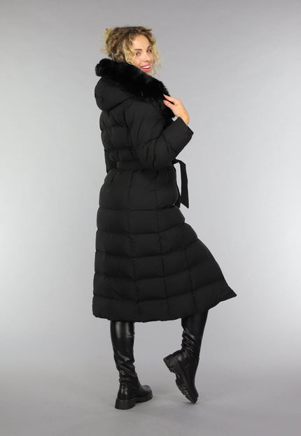 WINTER Zwarte Lange Pufferjacket met Bontkraag