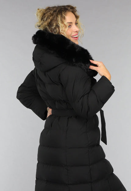 WINTER Zwarte Lange Pufferjacket met Bontkraag