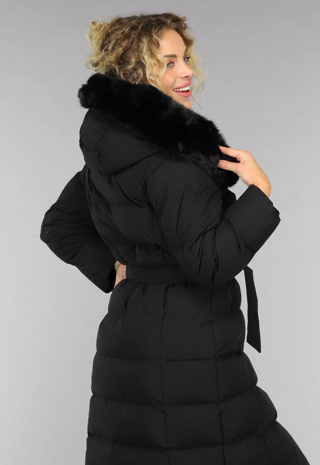 WINTER Zwarte Lange Pufferjacket met Bontkraag