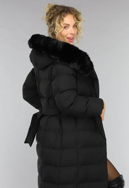 WINTER Zwarte Lange Pufferjacket met Bontkraag