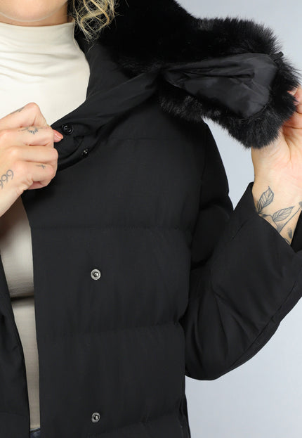 WINTER Zwarte Lange Pufferjacket met Bontkraag