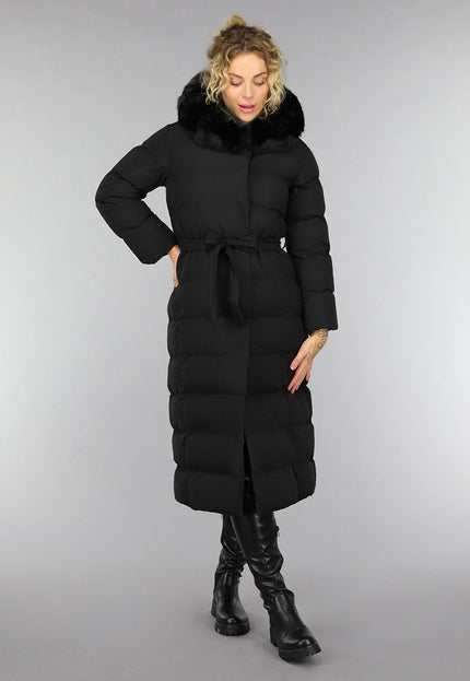 WINTER Zwarte Lange Pufferjacket met Bontkraag