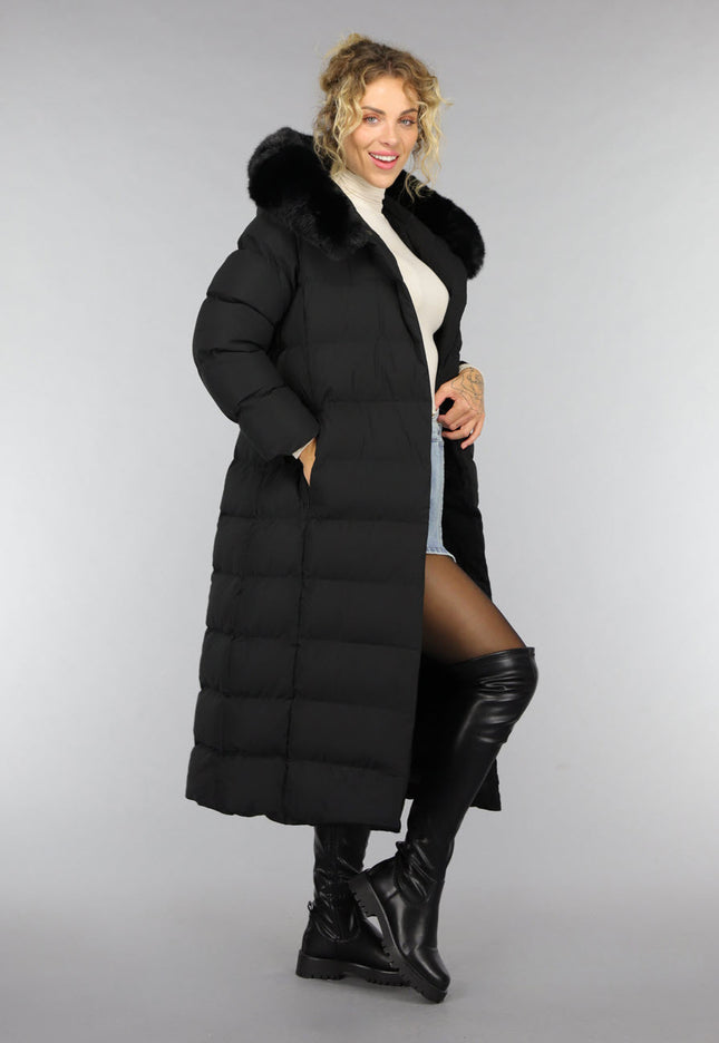 WINTER Zwarte Lange Pufferjacket met Bontkraag
