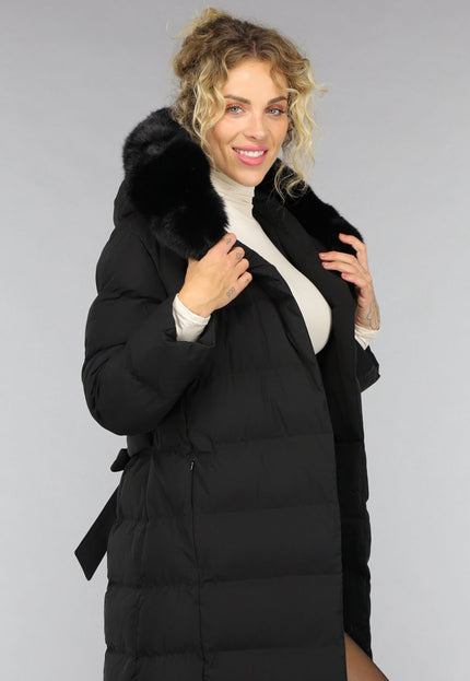 WINTER Zwarte Lange Pufferjacket met Bontkraag
