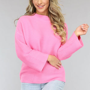 NEW0301 Roze Rib Gebreide Trui met Hoge Hals