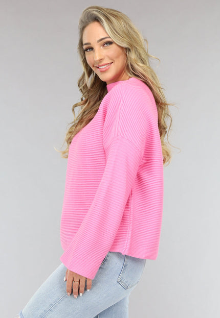 NEW0301 Roze Rib Gebreide Trui met Hoge Hals