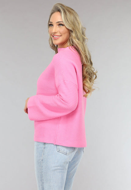 NEW0301 Roze Rib Gebreide Trui met Hoge Hals