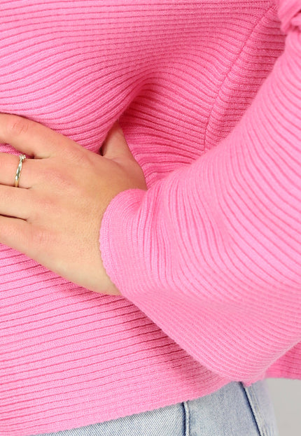NEW0301 Roze Rib Gebreide Trui met Hoge Hals
