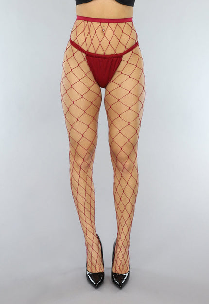 NEW0301 Wijnrode Visnet Panty met Extra Groot Patroon