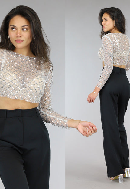 NEW0305 Zilveren Mesh Top met Parels