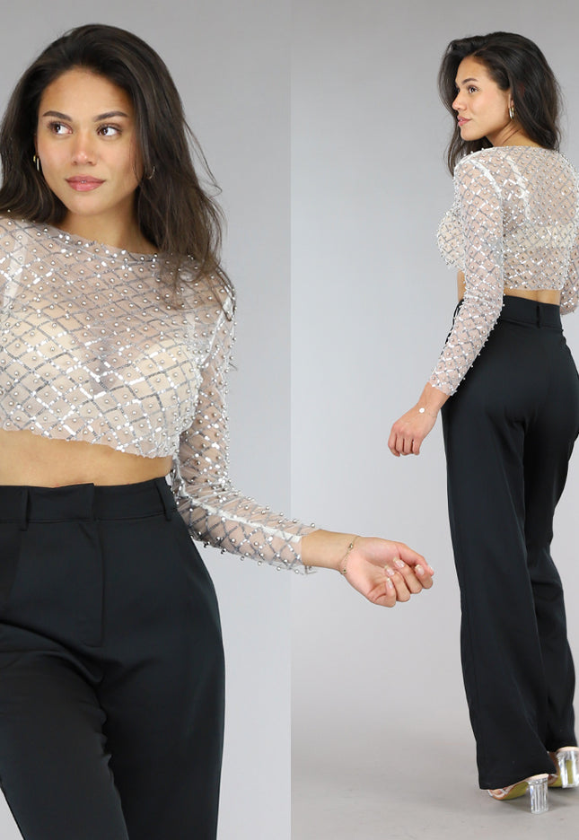 NEW0305 Zilveren Mesh Top met Parels