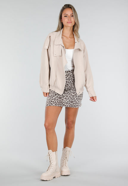 NEW030626 Beige Bikerjack met Opstaande Kraag