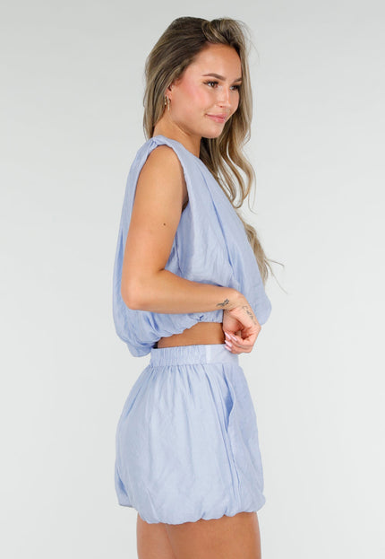 NEW030626 Blauwe Set met Bubble Hem Top en Broekje