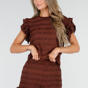 NEW030626 Bruine Stretch Two Piece met Ruches