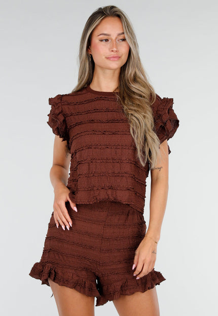 NEW030626 Bruine Stretch Two Piece met Ruches