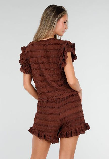 NEW030626 Bruine Stretch Two Piece met Ruches