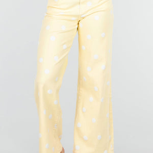 NEW030626 Lichtgele Wide Leg Jeans met Polkadot