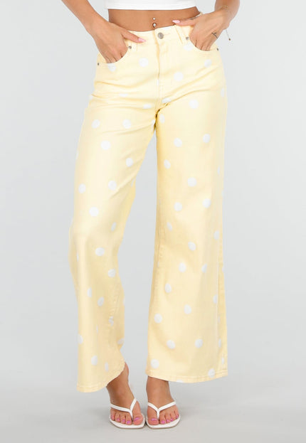 NEW030626 Lichtgele Wide Leg Jeans met Polkadot
