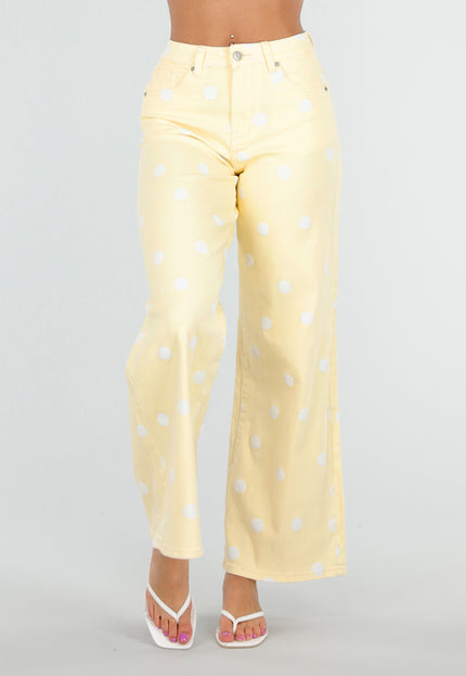 NEW030626 Lichtgele Wide Leg Jeans met Polkadot
