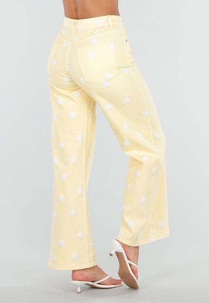 NEW030626 Lichtgele Wide Leg Jeans met Polkadot