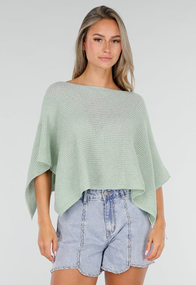 NEW030626 Mintgroene Gebreide Poncho Top