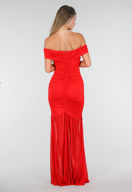 NEW030626 Rode Off Shoulder Maxi Jurk