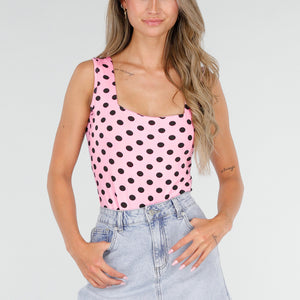 NEW030626 Roze Body met Zwarte Polkadots