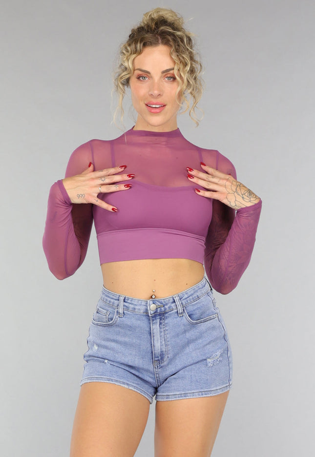 NEW0307 Aubergine See Through Sporttop met Ingewerkte Sport-bh
