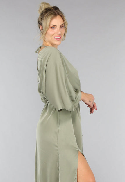 NEW0307 Lange Jurk met Ceintuur in Olijfgroen