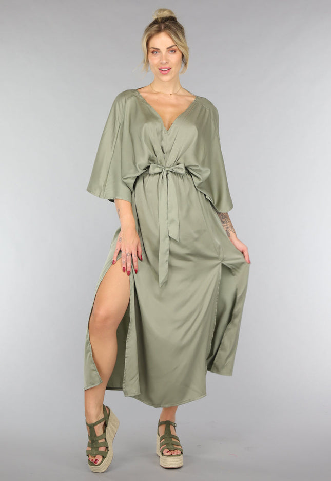 NEW0307 Lange Jurk met Ceintuur in Olijfgroen
