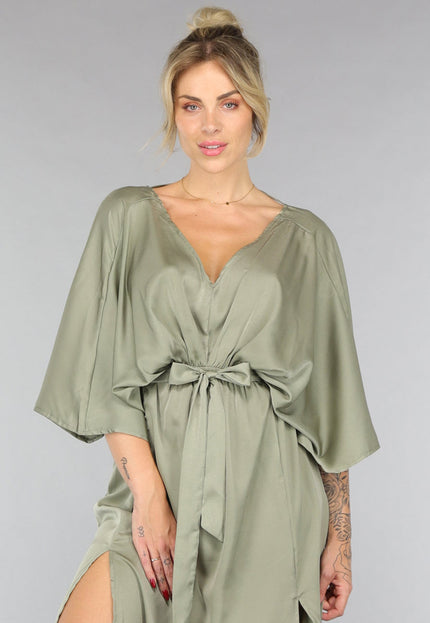 NEW0307 Lange Jurk met Ceintuur in Olijfgroen