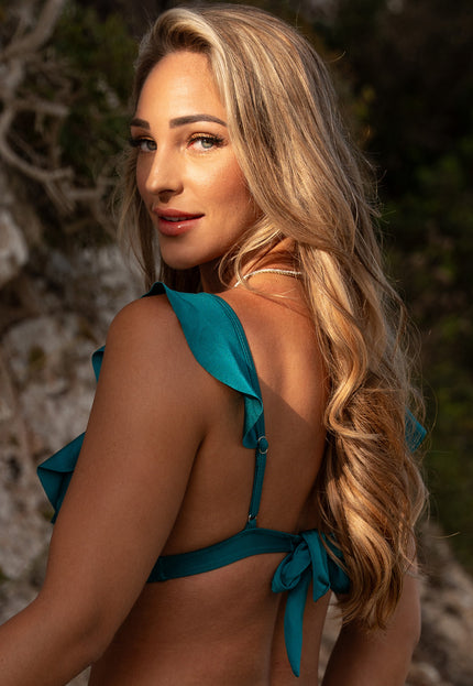 OP=OP.09.R Shimmer Petrol Bikini Top met Ruffles