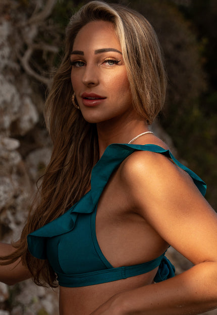 OP=OP.09.R Shimmer Petrol Bikini Top met Ruffles