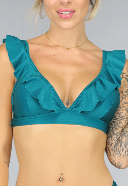 OP=OP.09.R Shimmer Petrol Bikini Top met Ruffles