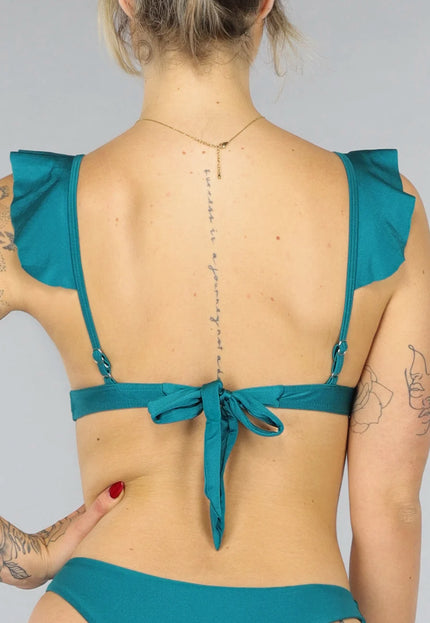 OP=OP.09.R Shimmer Petrol Bikini Top met Ruffles