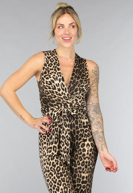 NEW0307 Tall Aansluitende Stretch Panterprint Jumpsuit