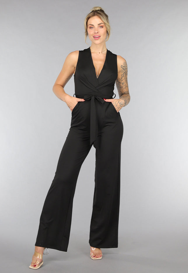 NEW0307 Tall Zwarte Stretchy Jumpsuit met Ceintuur