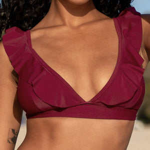 OP=OP.09.R Triangel Bikini Top met Ruches in Burgundy