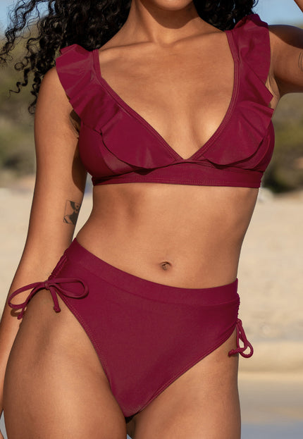 OP=OP.09.R Triangel Bikini Top met Ruches in Burgundy
