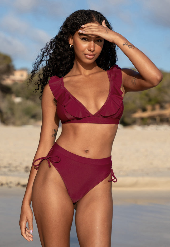 OP=OP.09.R Triangel Bikini Top met Ruches in Burgundy