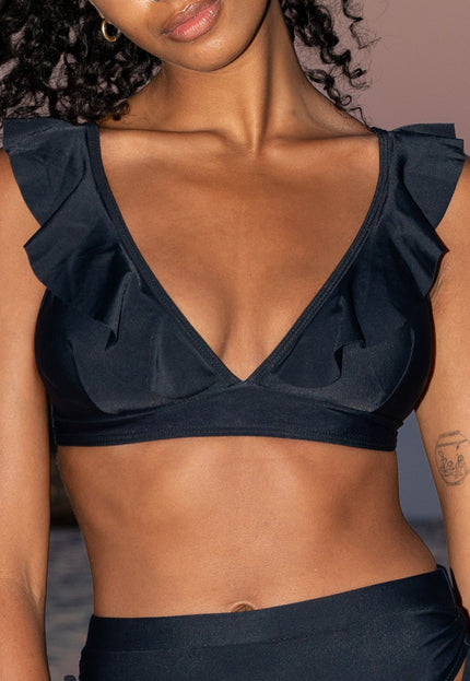 OP=OP.09.R Zwarte Ruffle Bikini Top met Strikdetail