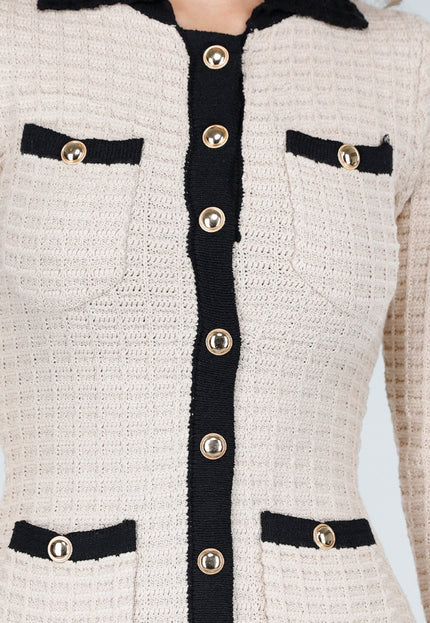 NEW030925 Beige Stretch Jurk met Zwarte Accenten